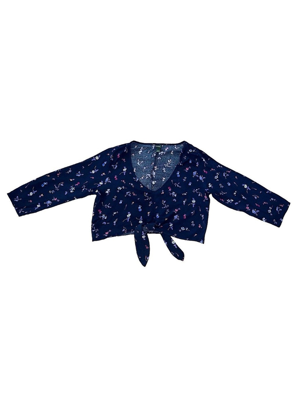 Wild fable blue floral top. Tie front with small white and pink flowers.
